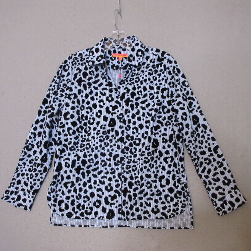 Vilagallo Top 38‎ Blue Pin Stripe Leopard Button Up Velvet Mix Media NWT